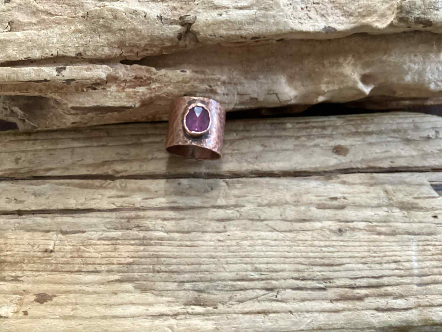 Copper and Tourmaline Hammered Ring, Size 6.75