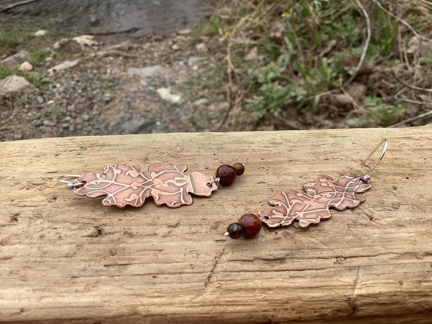 Sterling Silver, Copper and Gemstone Leaf Earrings
