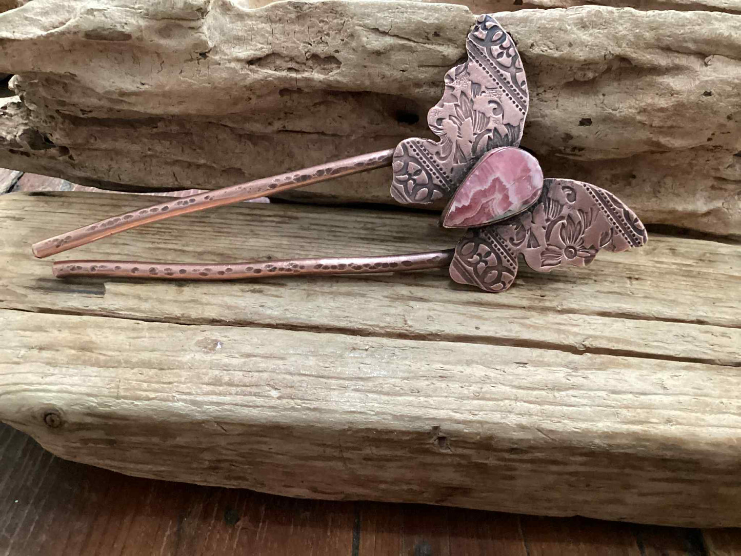 Copper and Rhodonite Hair Pick