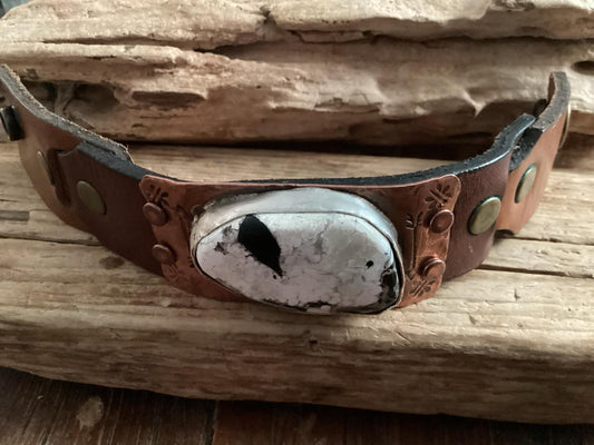 Leather, Copper and Sterling Silver White Buffalo Cuff Bracelet