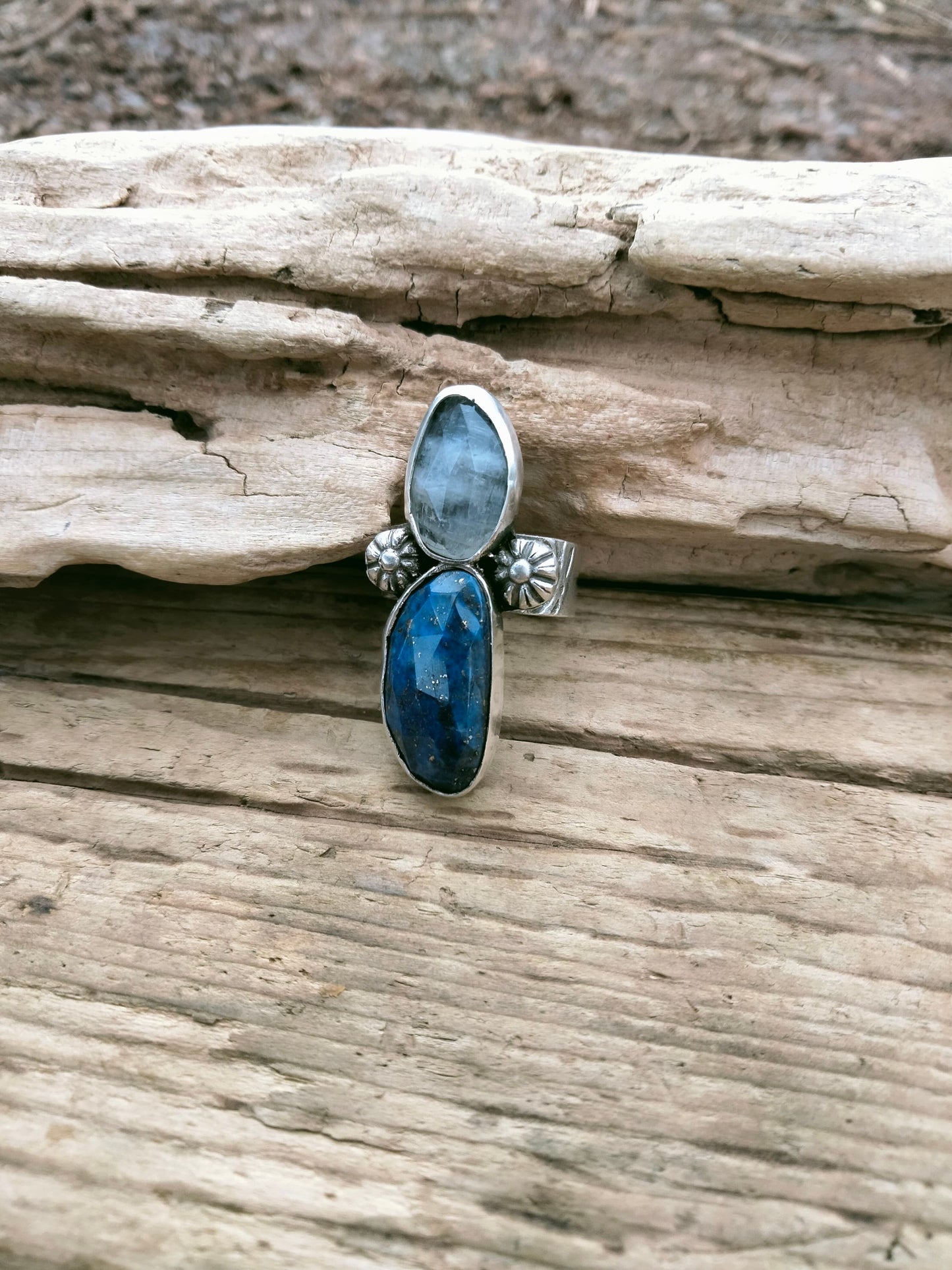 Sterling Silver, Moonstone and Lapis Statement Ring