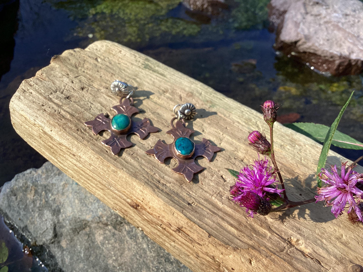 Copper, sterling silver and Chrysocolla Earrings